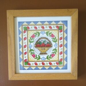 Vintage Strawberry Counted Cross Stitch Sampler in Wood Frame w/ Glass